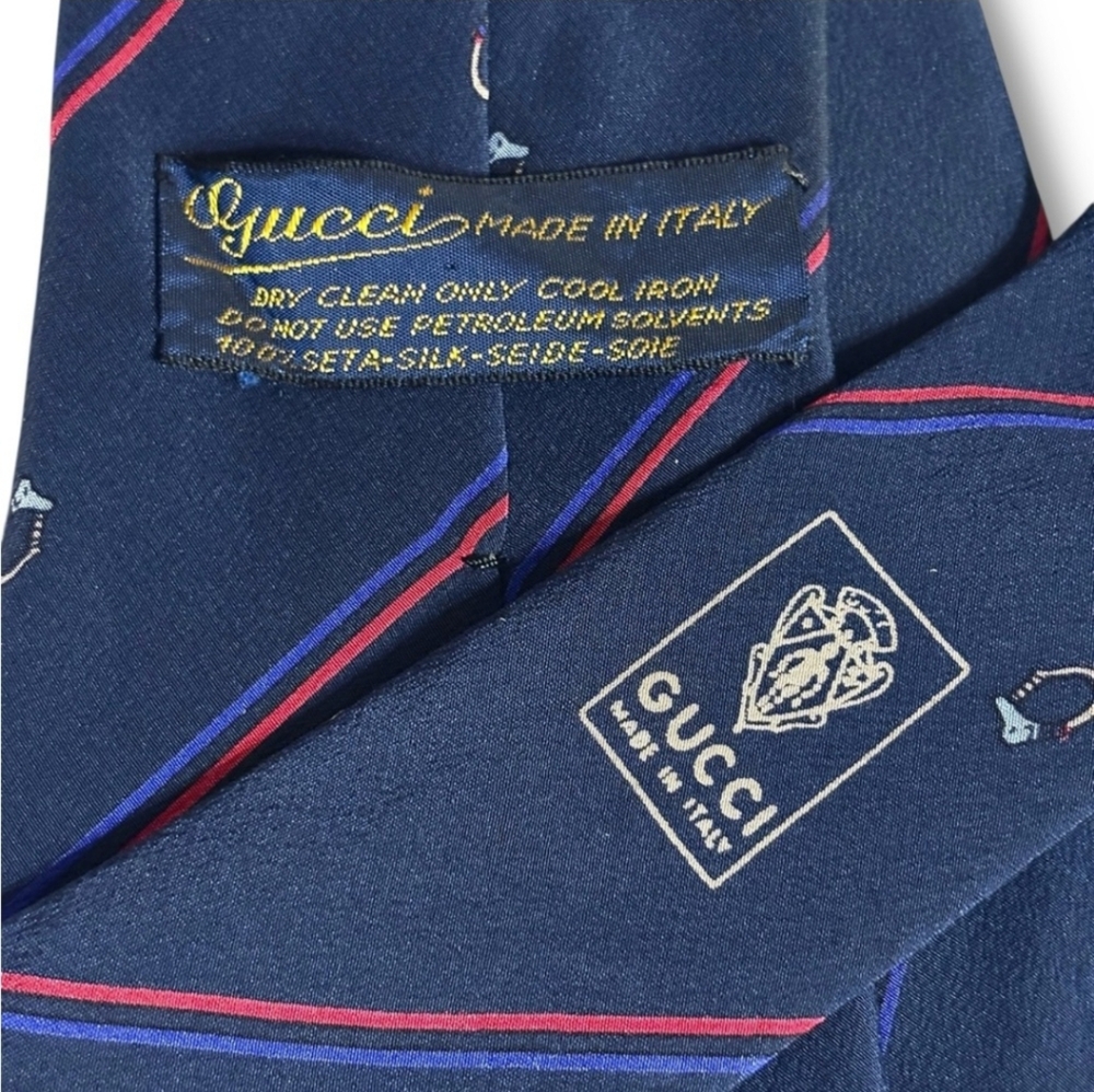 GUCCI Navy Silk Tie with Stripes & Circle Bit Pattern VINTAGE - Picture 4 of 7